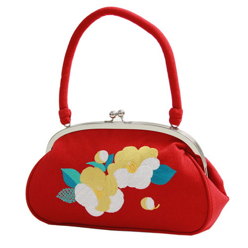 一番の 成人式 和装バッグ がま口バッグ 赤地に椿刺繍 ちりめん 振袖用 成人式 バッグ 椿 レトロ 花柄 和服 和装 着物 振袖 バッグ