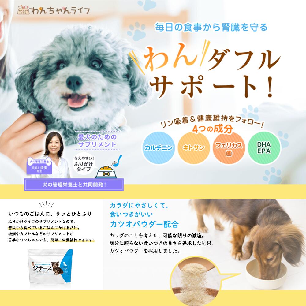 楽天市場 わんちゃんライフ ジナース 腎臓 サプリ サプリメント 犬 カルニチン Gaba 葉酸 Dha Epa キトサン フェカリス菌 無添加 保存料 香料 防カビ剤 着色料 発色剤 光沢剤 漂白剤 苦味料 不使用 ふりかけ タイプ じなーす リン 栄養補給 わんちゃんライフ