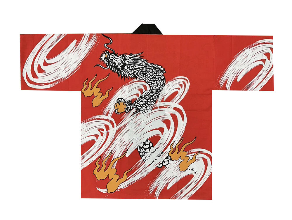 法被　地色赤の龍　祭り、イベントを盛り上げる半纏,法被「龍ほぼ赤の朱赤系」大人サイズハッピ※オレンジではありません！