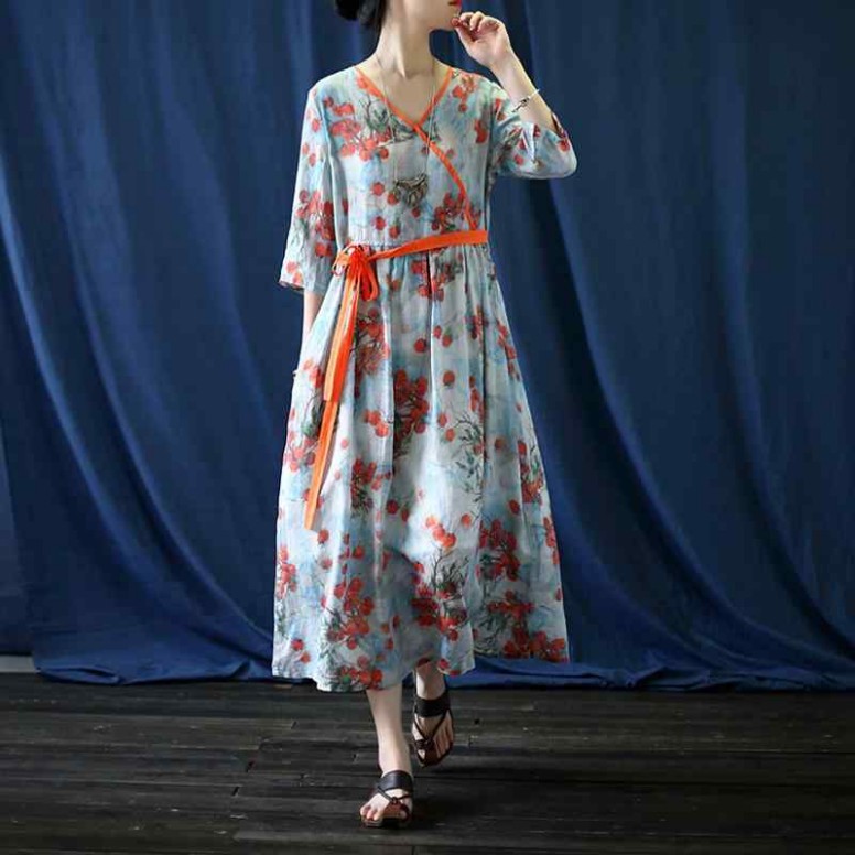ワンピース エスニック ナチュラルスタイル リラックスフィット レディース 婦人服 サマードレス エスニック 花柄 五分袖 ハイウエスト スリムフィット|ワンステークス