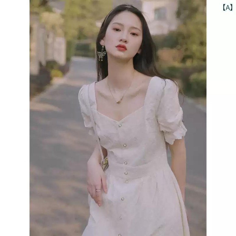 レディース ファッション オシャレ カワイイ 女性用 シンプル 大人カワイイ 大きいサイズ キキョウ フレンチ ティーブレーク ドレス パフスリーブ スクエアネック 白 ドレス 夏