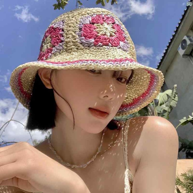 レディース　ファッション　おしゃれ　かわいい　韓国ファッション　海外ファッション 花 麦わら 帽子 夏 屋外 旅行 海辺 ビーチへ 日焼け防止 大き つば 太陽 帽子 わら 漁師 帽子