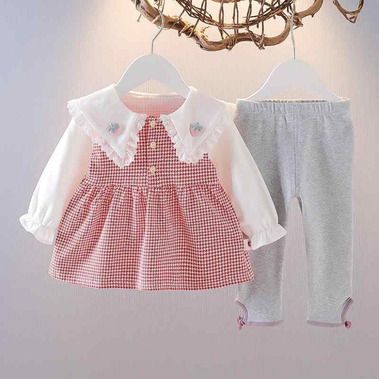 キッズ ファッション 女の子 かわいい おしゃれ 韓国 子供服 プリンセス 発表会 結婚式 高級 春 赤ちゃん ベビー 2点 セット チェック イチゴ 半袖 長袖 セット トップス パンツ チェック 夏
