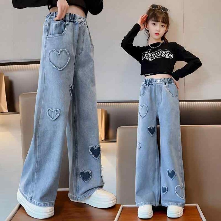 キッズ ファッション 女の子 かわいい おしゃれ 韓国 子供服 プリンセス 高級 ジーンズ 春秋 ストレッチ ワイド パンツ ロング ハート デニム