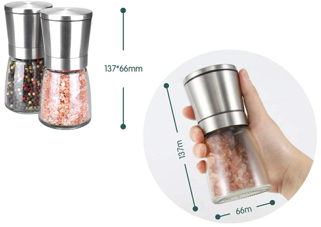 市場 2本セット ソルトミル ステンレス製 粗さ挽き調節可能 岩塩 ミル セラミック刃 大きい 胡椒ミル 2個セット 手動 ペッパーミル スパイスミル