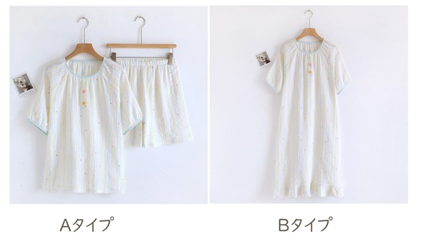【2点600円割引】ルームウェア 綿ガーゼ パジャマ 2タイプルームウェア レディース 上下セットワンピース半袖ゆっ たりコットン 可愛い部屋着プレゼント 春・夏