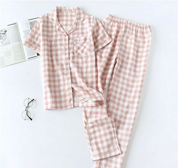 【2点600円割引】パジャマ レディース 半袖 長ズボン 春 夏 可愛い かわいい 柄 チェック ルームウェア 部屋着 前開き やわらか 涼しい セットアップ M/L/XL ピンク 青 グレー dh373g4g4d4