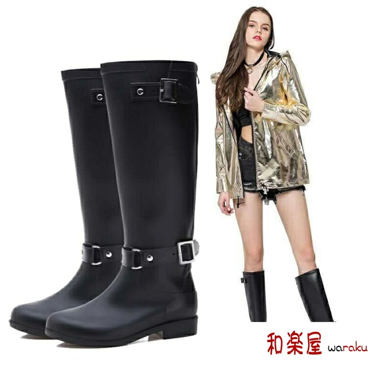【2点600円割引】通学 雪 雨 防水 畑仕事 ブーツ エンジニアブーツ ローヒール 長靴 雨靴 おしゃれ 靴 レディース サイドベルト ロング ロング丈