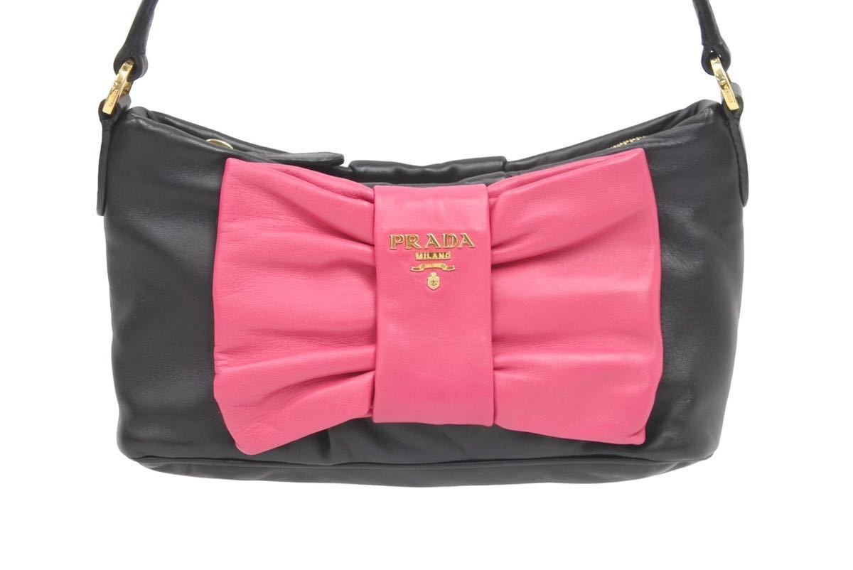 PRADA プラダ リボン レザー 美品 ワンショルダーバッグ 中古 ピンク