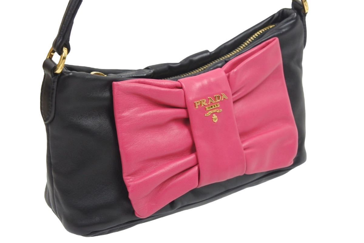 PRADA プラダ リボン レザー 美品 ワンショルダーバッグ 中古 ピンク