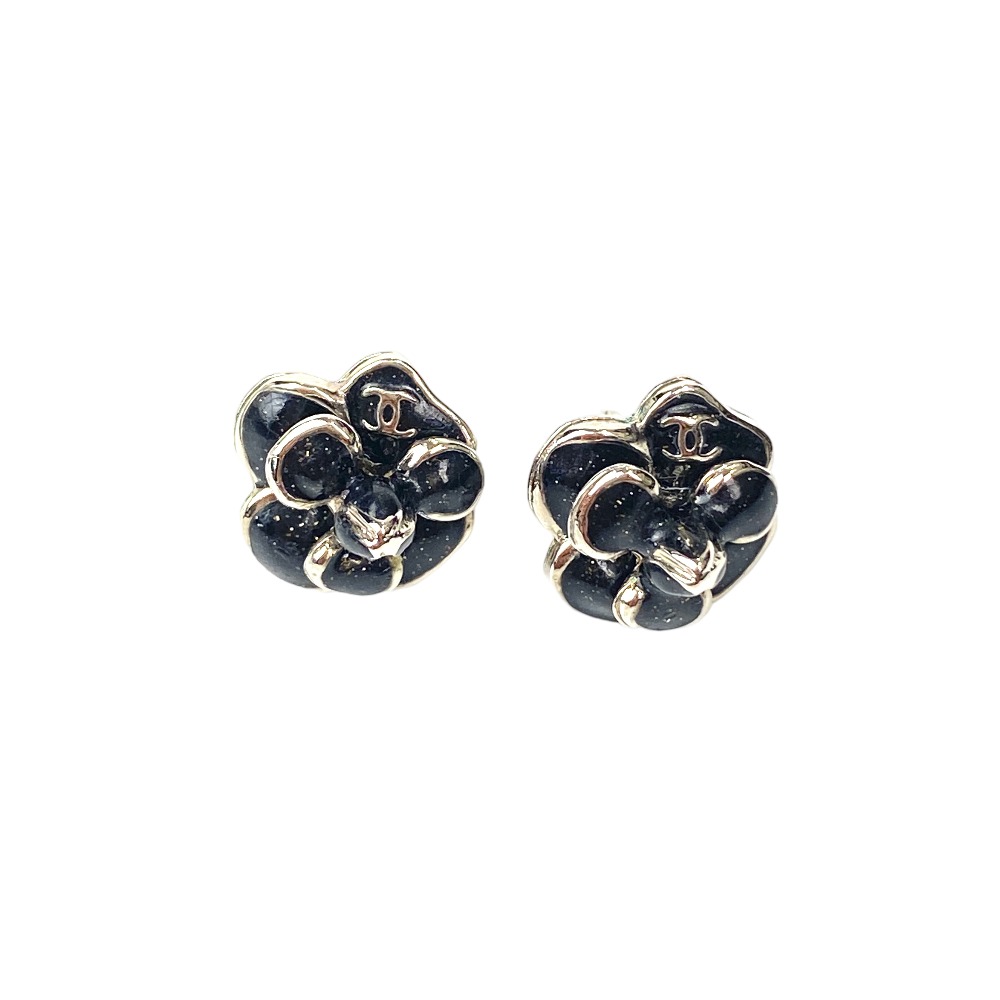 USED/]CHANEL シャネル ピアス ピアス ココマーク 黒カメリア シルバー 