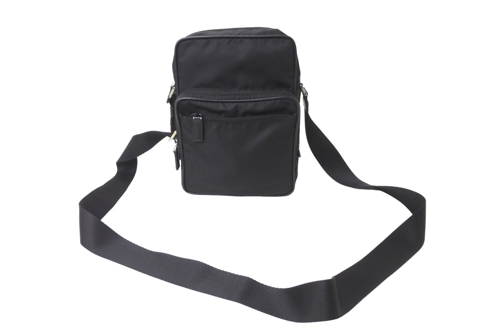 Prada ロゴ トライアングル レザーストラップ ナイロン ショルダーバッグ 1DH046 ブラック (206918