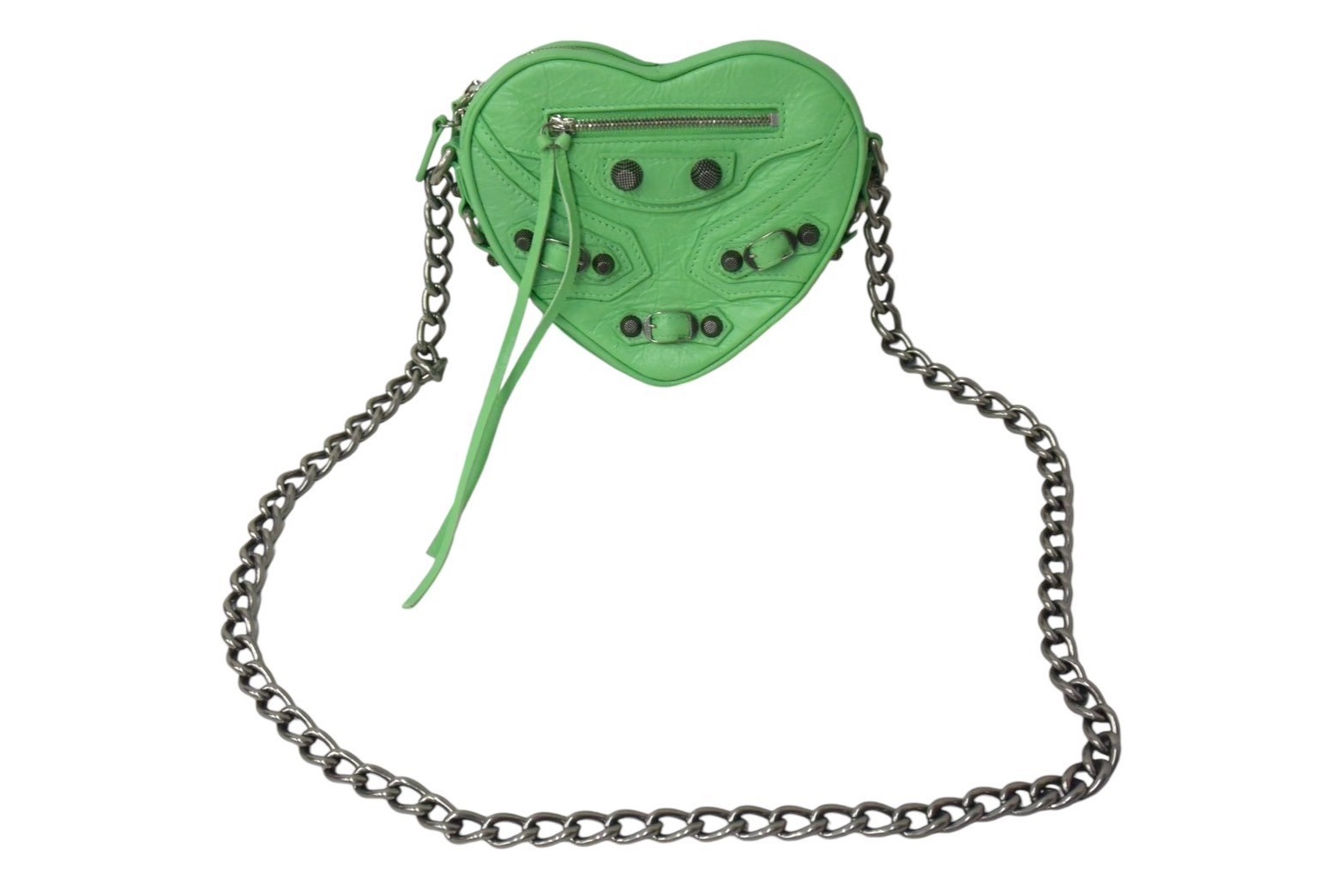極美品 BALENCIAGA バレンシアガ Le Cagole Heart ル カゴール ハート ショルダーバッグ レザー グリーン シルバー 中古 4c067786｜Warashibe_Casanova 102,850円