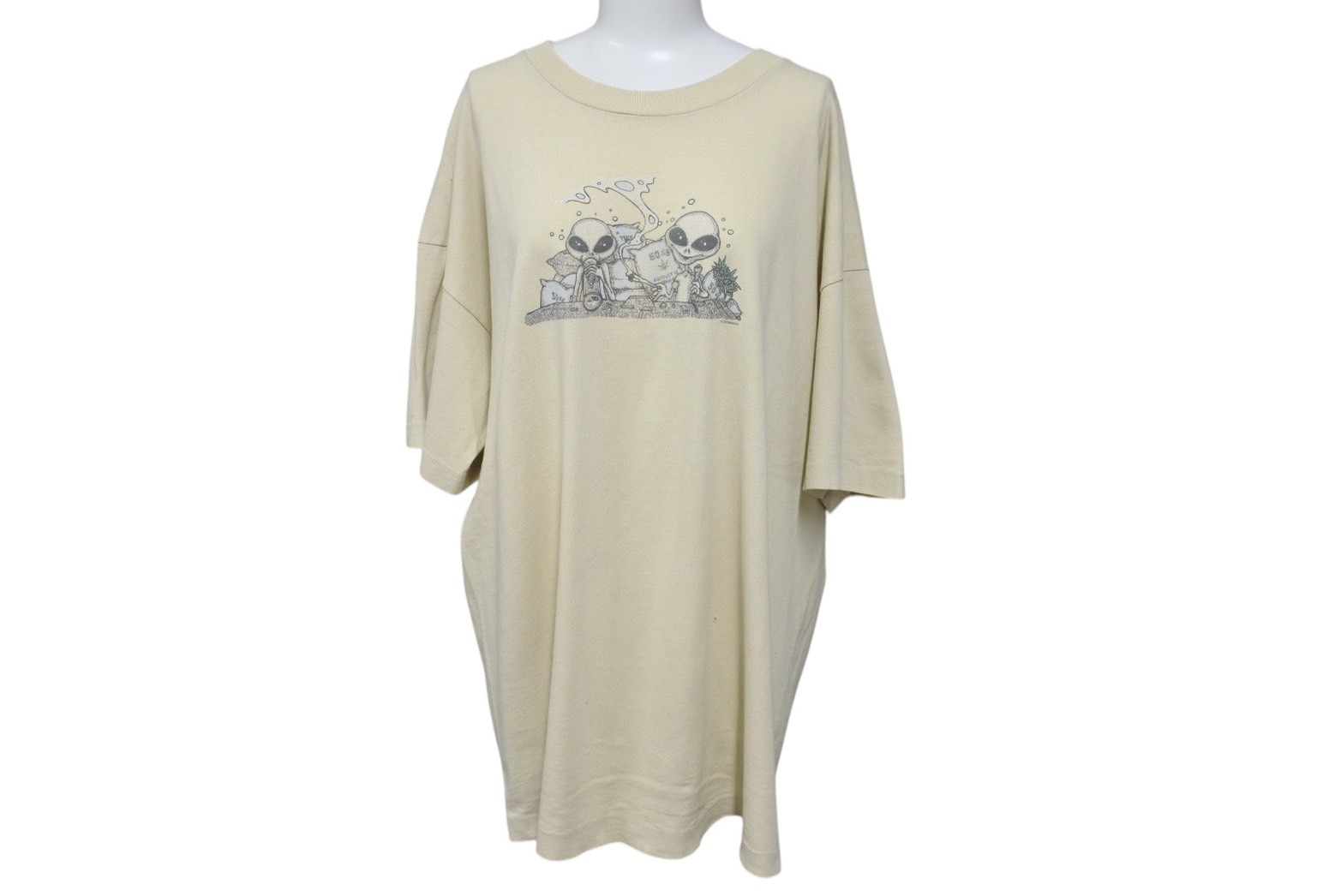 VINTAGE ヴィンテージ DOMANI ドマーニ 宇宙人 エイリアン マリファナ 半袖Tシャツ 古着 ライトベージュ サイズXL 美品 中古 4c075825|Warashibe_Casanova