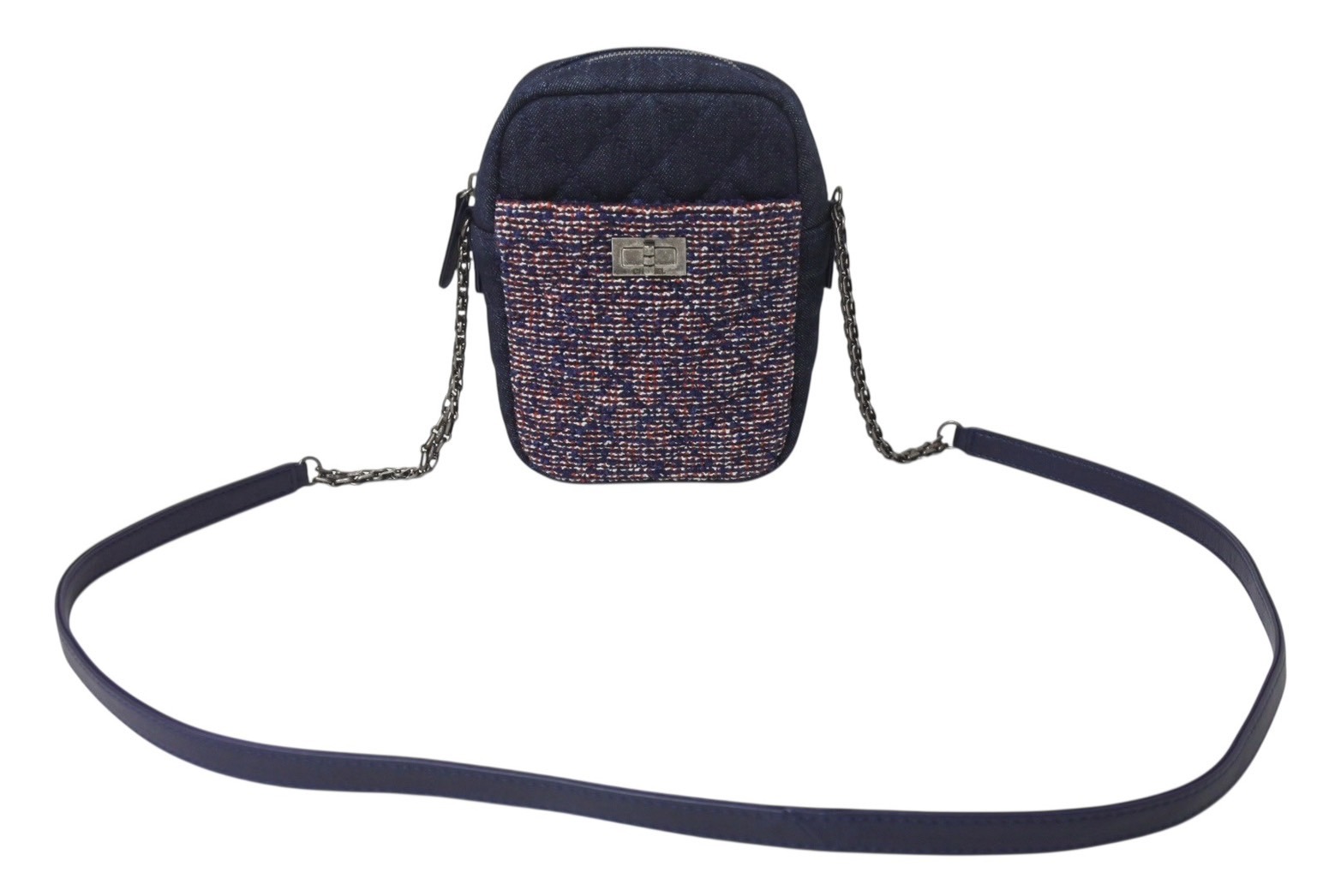 極美品 CHANEL シャネル ショルダーバッグ 2.55 ブルー レッド デニム ツイード レザー 22番台 ブラック金具 中古 4b001143