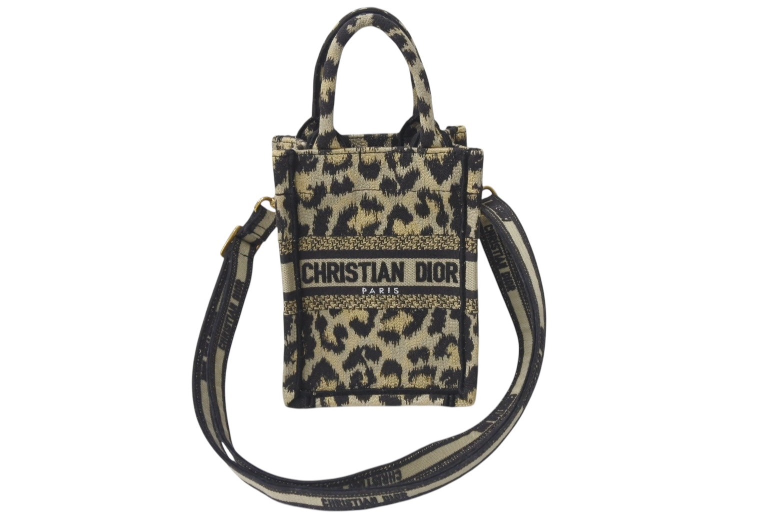 CHRISTIAN DIOR クリスチャンディオール ブックトート ミニフォンバッグ レオパード キャンバス ゴールド金具 美品 中古 4b001642｜Warashibe_Casanova