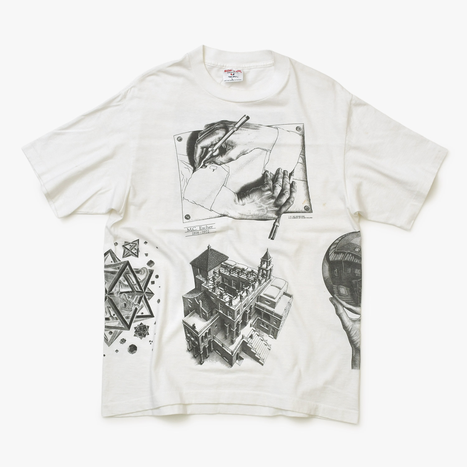 VINTAGE ヴィンテージ M.C. Escher マウリッツ エッシャー アート 半袖Tシャツ ホワイト コットン 1991年 絵 プリント サイズL 良品 中古 4b001568