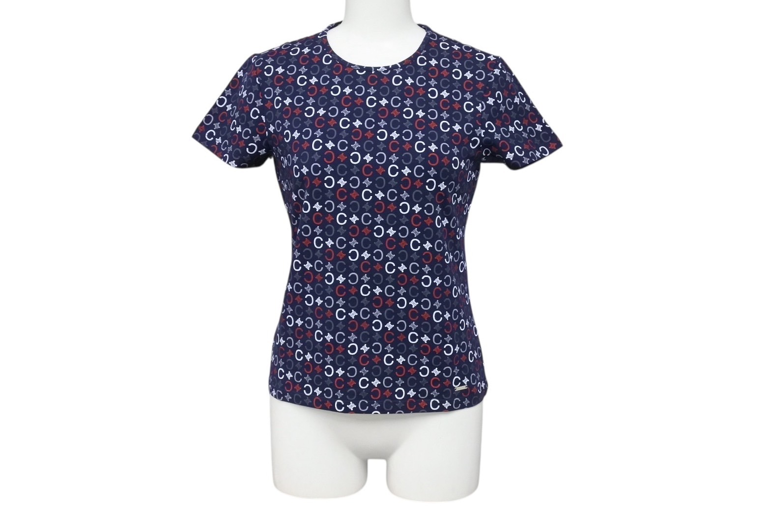 極美品 CELINE セリーヌ 半袖Tシャツ チビT マカダム柄 コットン スパンデックス ネイビー ホワイト レッド サイズS 中古 4b002059｜Warashibe_Casanova
