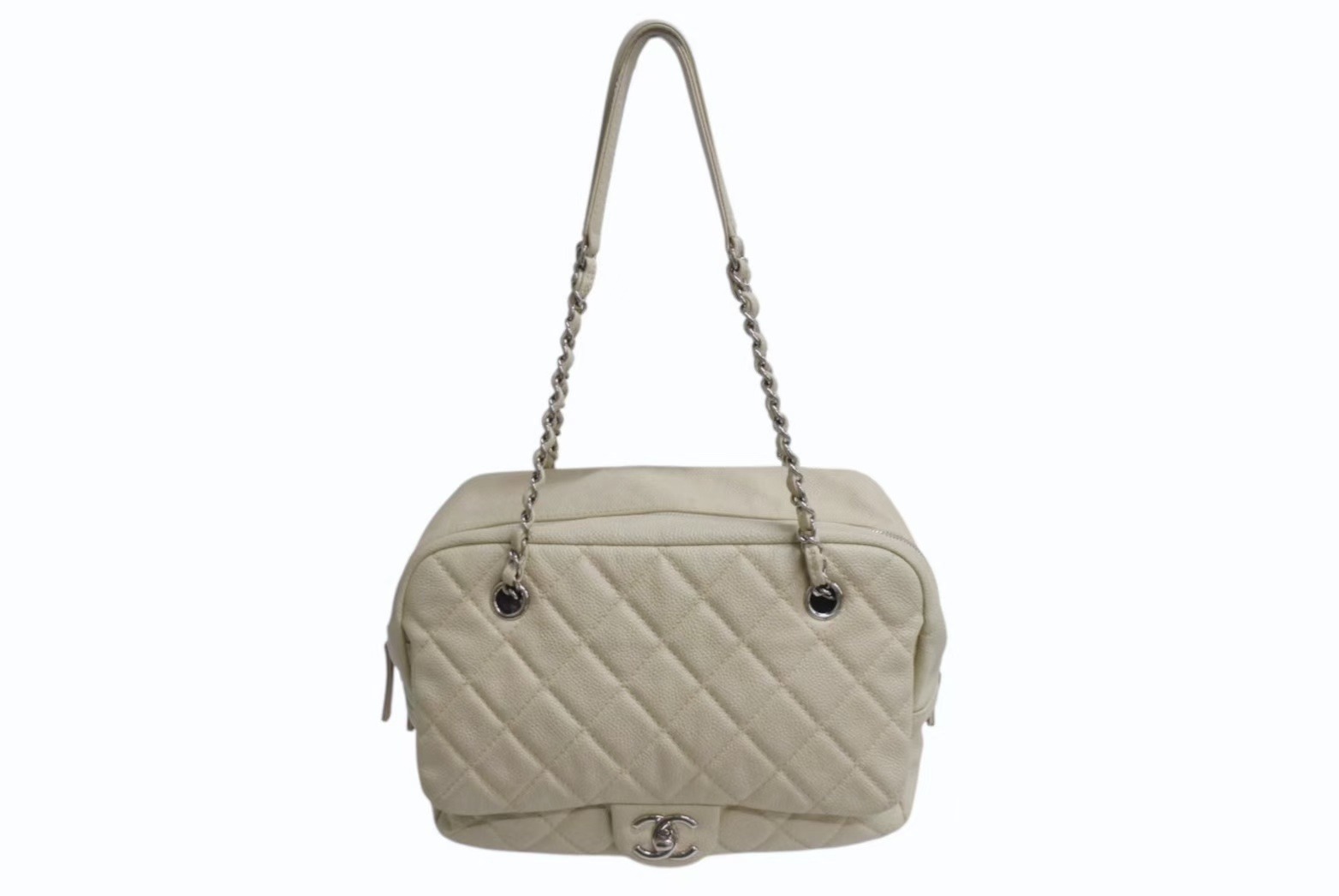 CHANEL シャネル マトラッセ ココマーク チェーントートバック 20番台 キャビアスキン ベージュ シルバー金具 美品 中古 4b001713