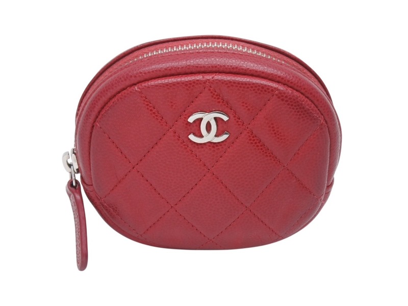 CHANEL シャネル マトラッセ コインケース ココマーク 26番台 スペイン製 キャビアスキン レッド シルバー金具 美品 中古 4b002701｜Warashibe_Casanova