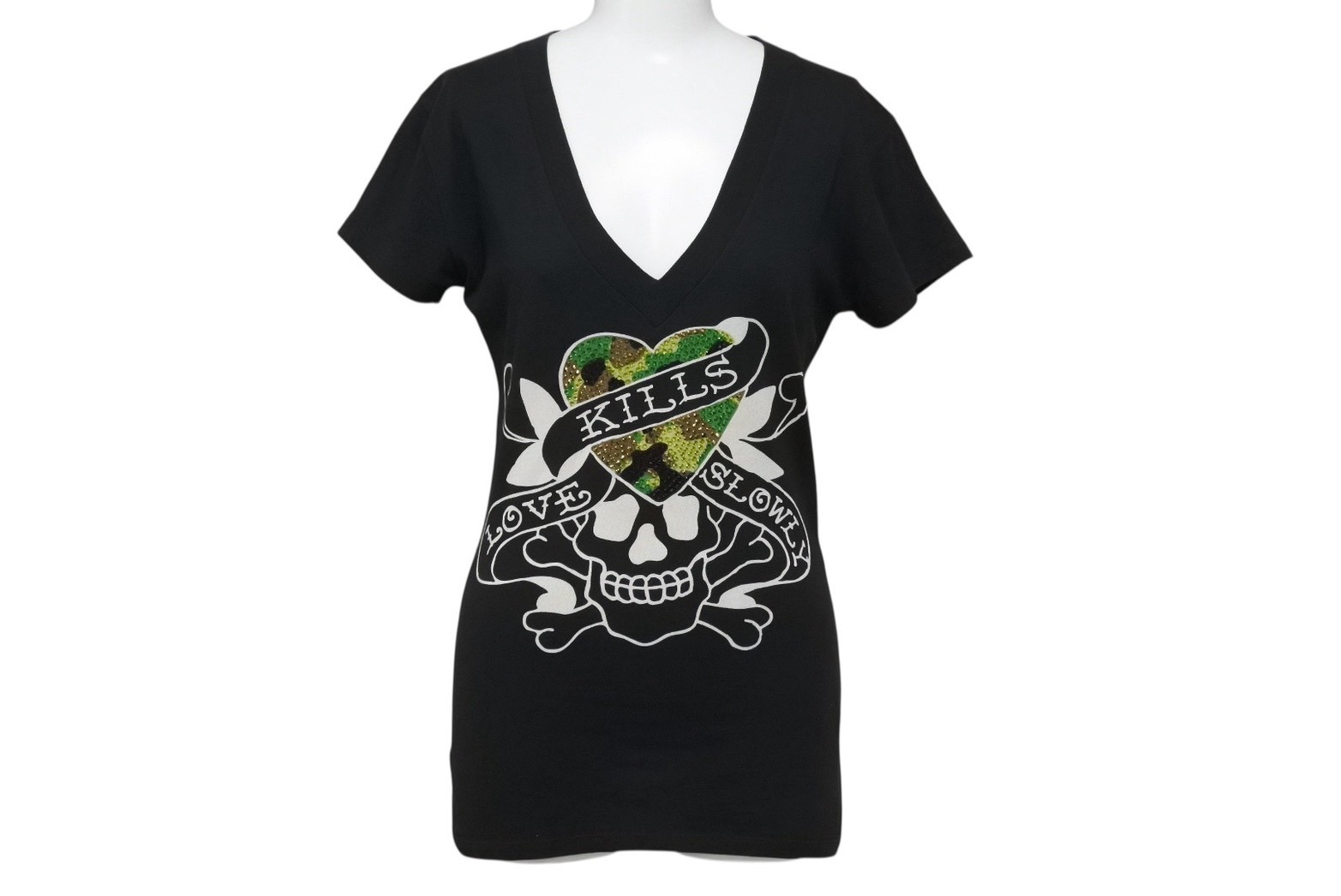 Ed Hardy エドハーディ LOVE KILLS SLOWLY 半袖Tシャツ サイズXS コットン ラインストーン ブラック 美品 中古 4b002005｜Warashibe_Casanova