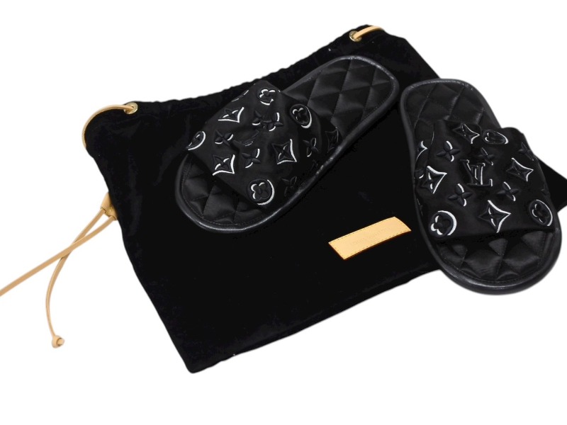 極美品 LOUISVUITTON ルイヴィトン ホーミーライン ルームシューズ スリッパ モノグラムサテンキャンバス ブラック サイズ35-36 中古 4b007082