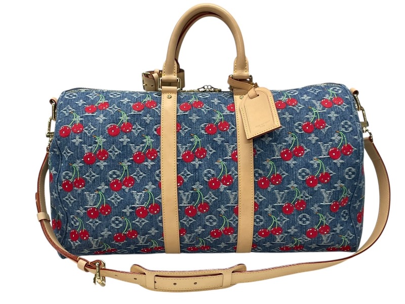 新品同様 LOUIS VUITTON ルイヴィトン LV × TM キーポル バンドリエール 45 チェリー デニム モノグラム 村上隆 M13875 中古 4b007753