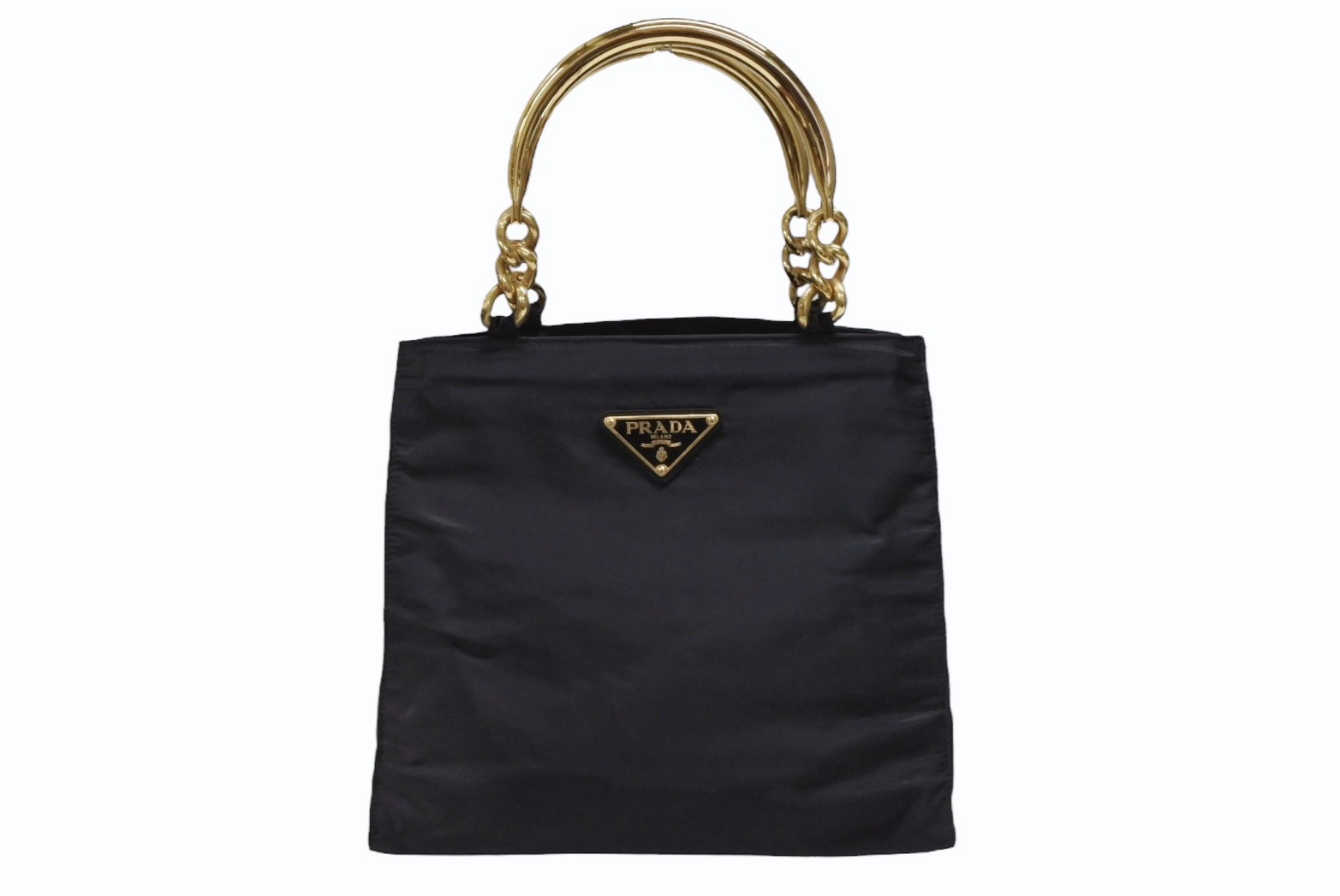 PRADA プラダ ハンドバッグ トライアングル ロゴ ナイロン ゴールド金具 黒 ブラック 美品 中古 4b007954