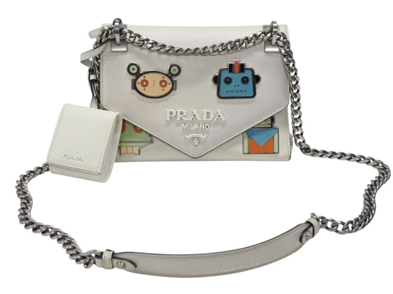 PRADA プラダ ロボット モノクローム チェーンショルダーバッグ 1BD127 サフィアーノレザー アイボリー シルバー金具 良品 中古 4b007961