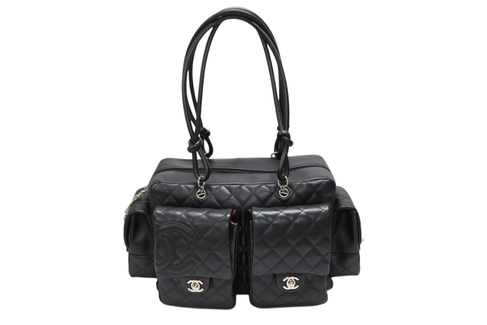 極美品 CHANEL シャネル カンボンライン マルチポケット カンボンライン ボストンバッグ 9番台 カーフレザー ブラック ピンク 中古 4b008119