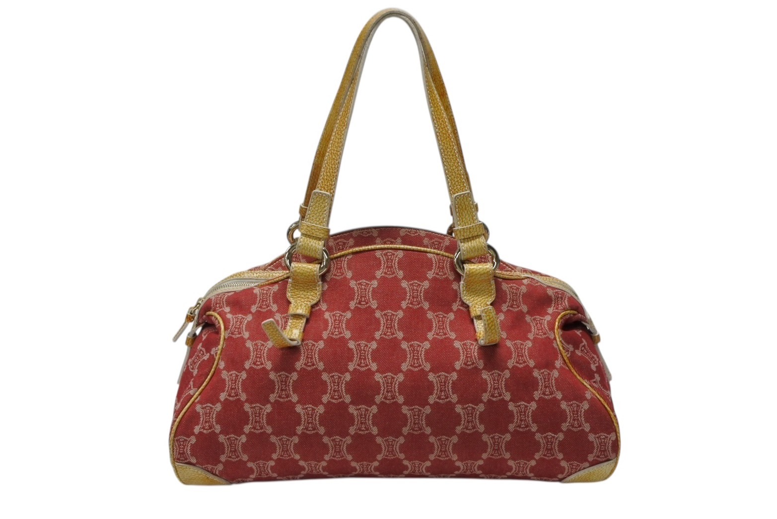 CELINE セリーヌ マカダム キャンバス ショルダーバッグ WS14661 シルバー金具 レッド コットン レザー 美品 中古 4b008123