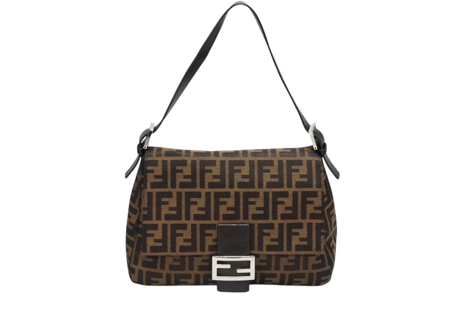 FENDI フェンディ ズッカ柄 マンマバケット ワンショルダーバッグ ブラウン ロゴ コットンキャンバス レザー 美品 中古 4b008343
