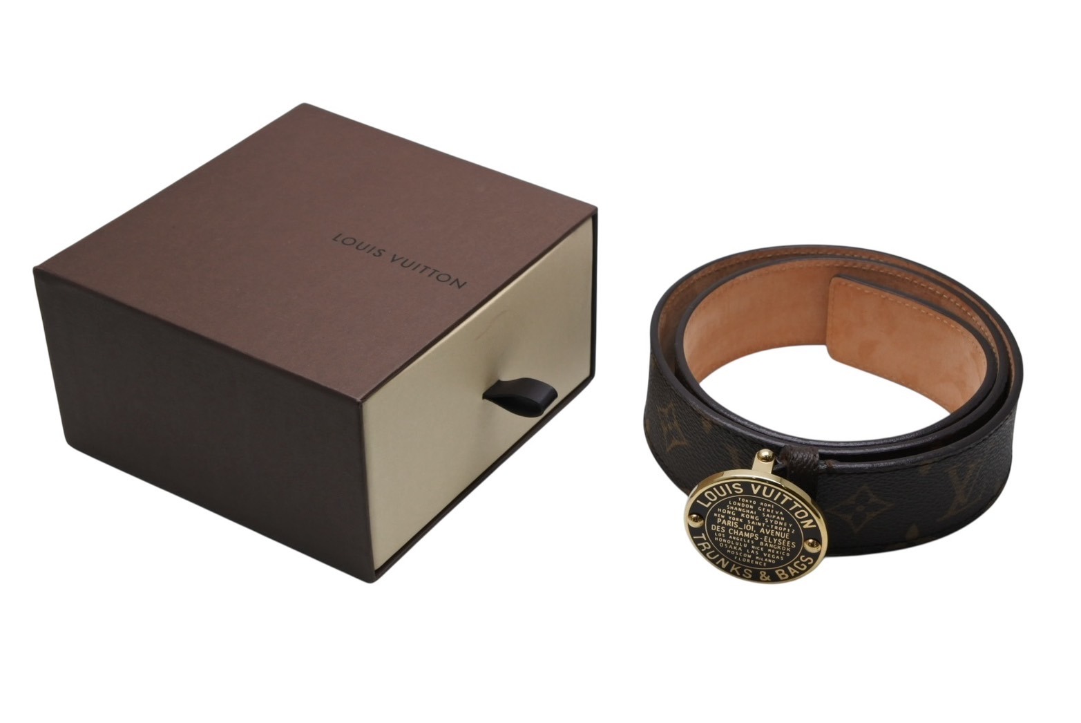極美品 LOUIS VUITTON ルイヴィトン サンチュール T&B ベルト M6975U レザー メタル ブラウン ゴールド金具 サイズ80/32 中古 4b008597｜Warashibe_Casanova