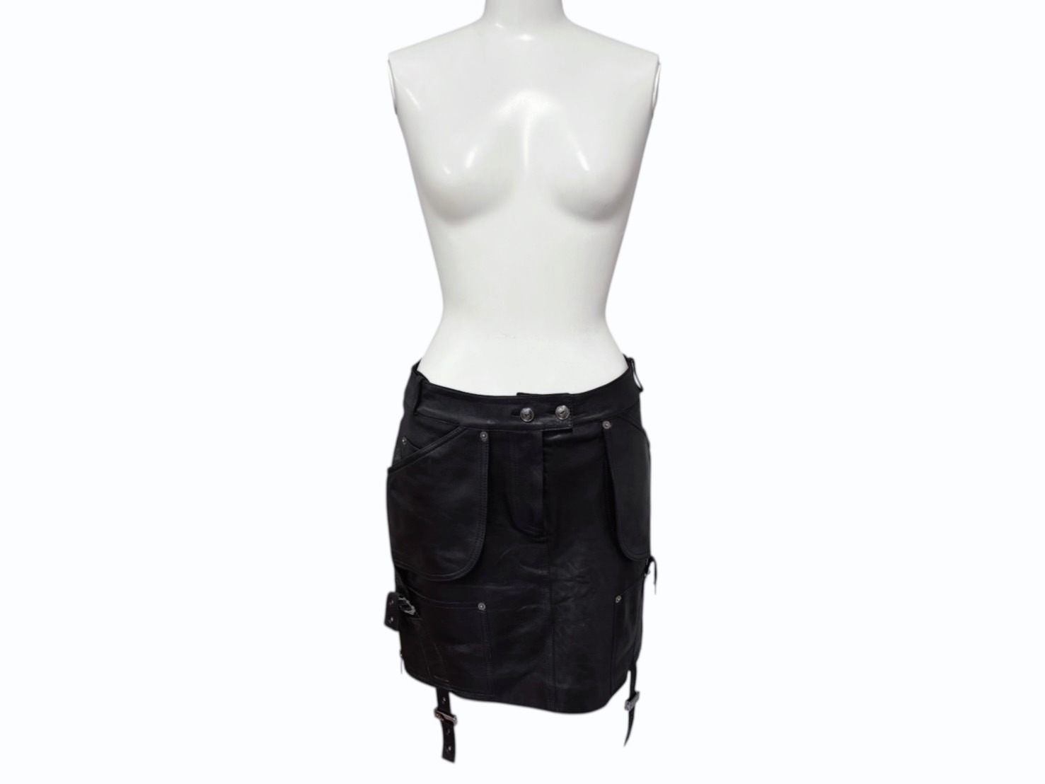 Christian Dior クリスチャンディオール ガリアーノ期 アーカイブ ユーティリティレザースカート ブラック 美品 中古 4b008781|Warashibe_Casanova