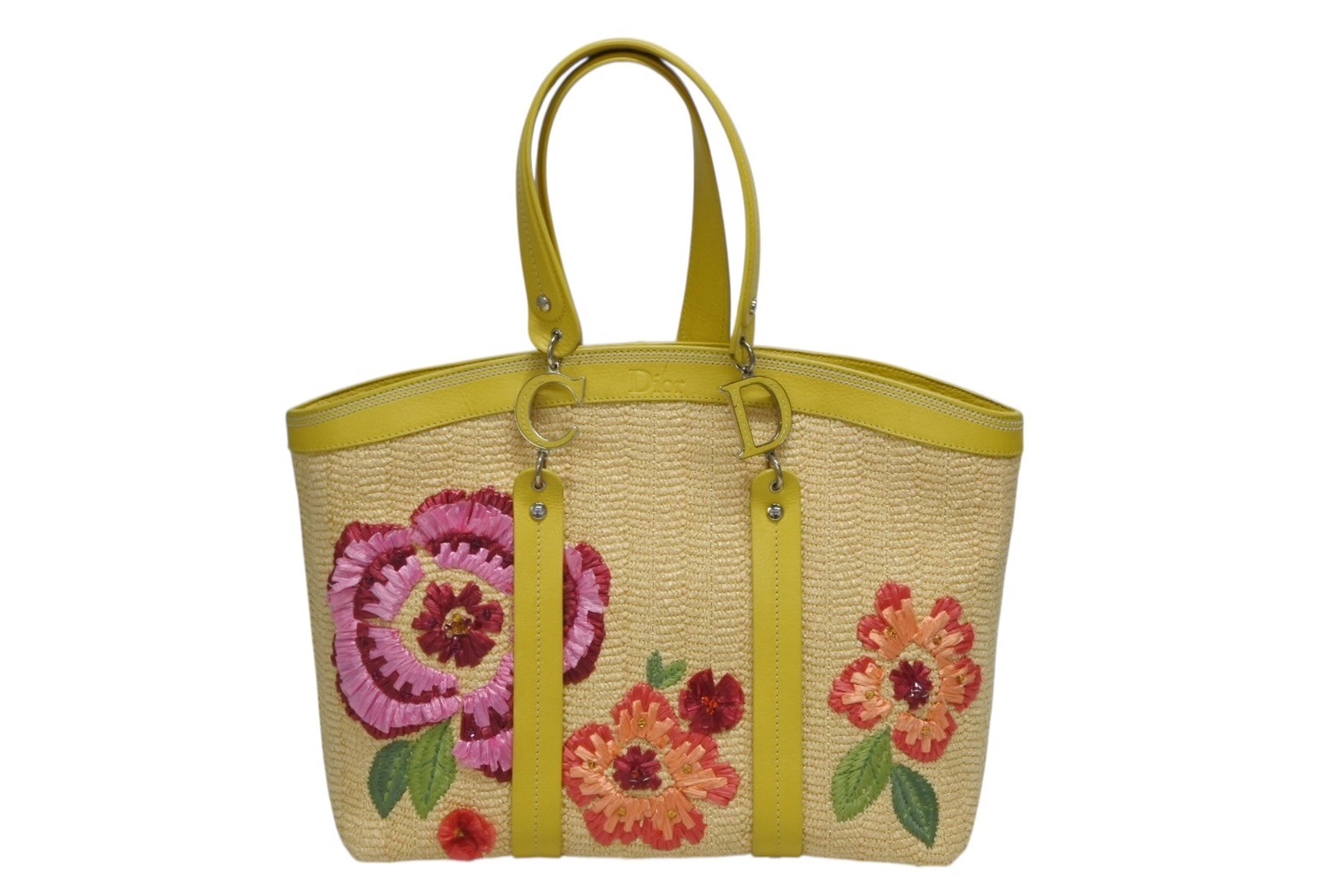 CHRISTIAN DIOR クリスチャンディオール トートバッグ ハンドバッグ フラワー 07-BO-1005 ラフィア レザー 美品 中古 4b009267|Warashibe_Casanova