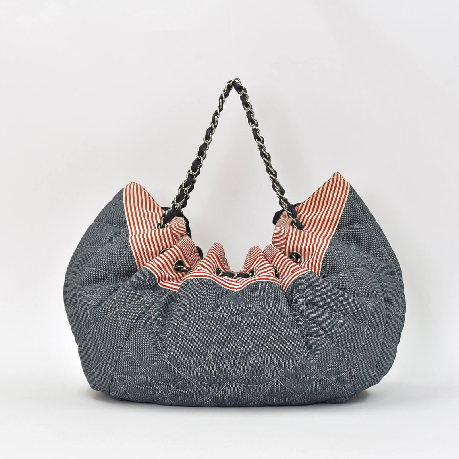 CHANEL シャネル ココカバスGM チェーントートバッグ A46887 13番台 ココマーク デニム キャンバス ストライプ シルバー金具 美品 中古 4b007857｜Warashibe_Casanova