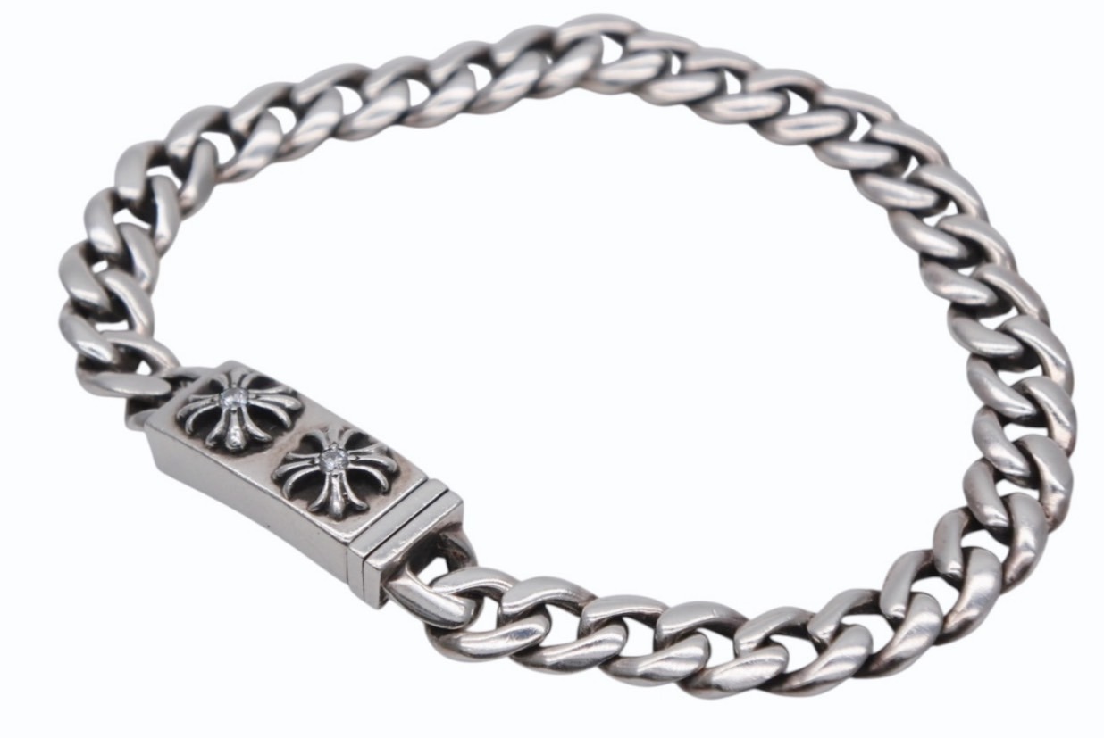 極美品 CHROME HEARTS クロムハーツ ミニID CHクロス クラシック ブレスレット パヴェダイヤ 重量約25.6g 2000 シルバ－925 中古 4b009924