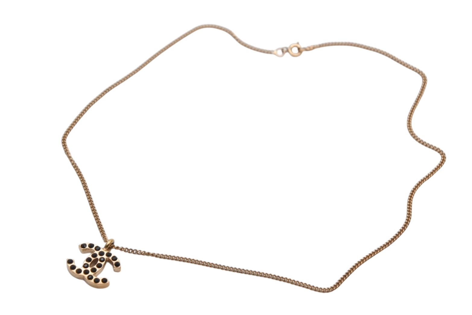 極美品 CHANEL シャネル ココマーク ブラック ラインストーン ネックレス 7g 01A メタル ゴールド ロゴ アクセサリー 中古 4c069442