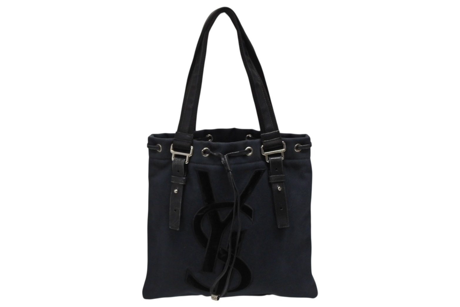 YVES SAINT LAURENT イヴサンローラン トートバック ハンドバッグ キャンバス ネイビー シルバー 美品 中古 4b010080