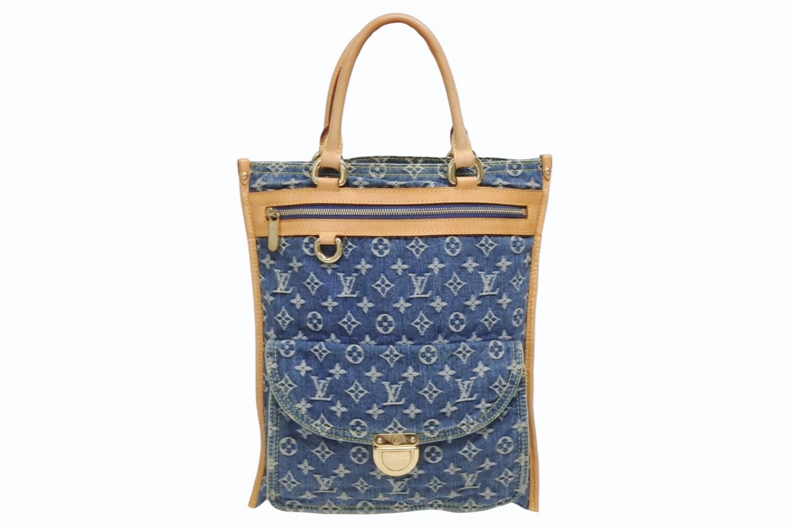 極美品 LOUIS VUITTON ルイヴィトン フラットショッパー ハンドバッグ M95018 モノグラム デニム ブルー ゴールド金具 中古 4b010562