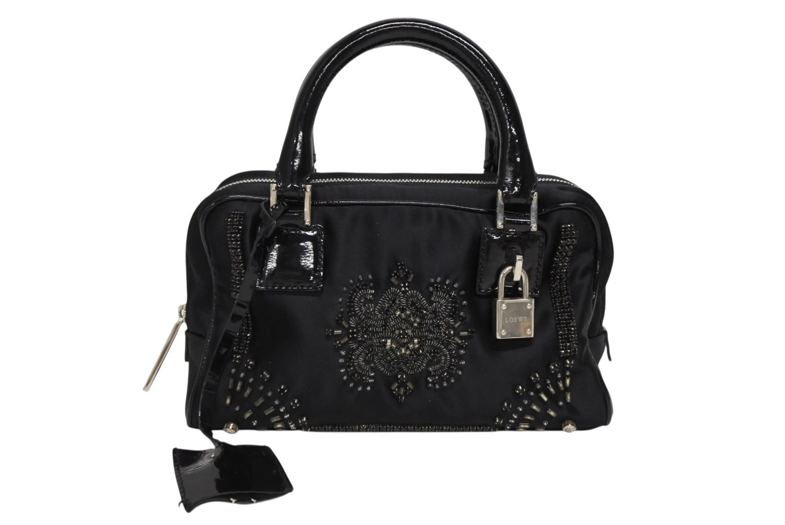 LOEWE ロエベ ミニアマソナ ミニハンドバッグ サテン ビーズ クリスタル ブラック シルバー金具 美品 中古 4b011032｜Warashibe_Casanova
