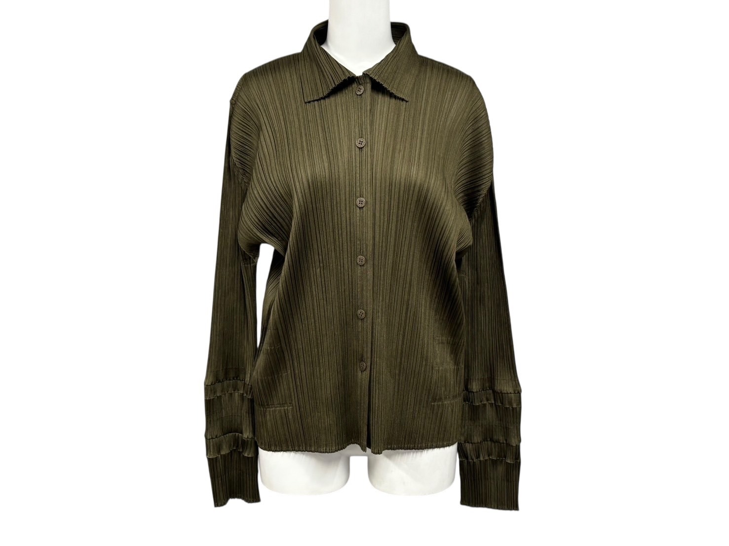 極美品 ISSEY MIYAKE イッセイミヤケ PLEATS PLEASE プリーツプリーズ 長袖シャツ PP91-JJ203 サイズ4 カーキ 中古 4b010935