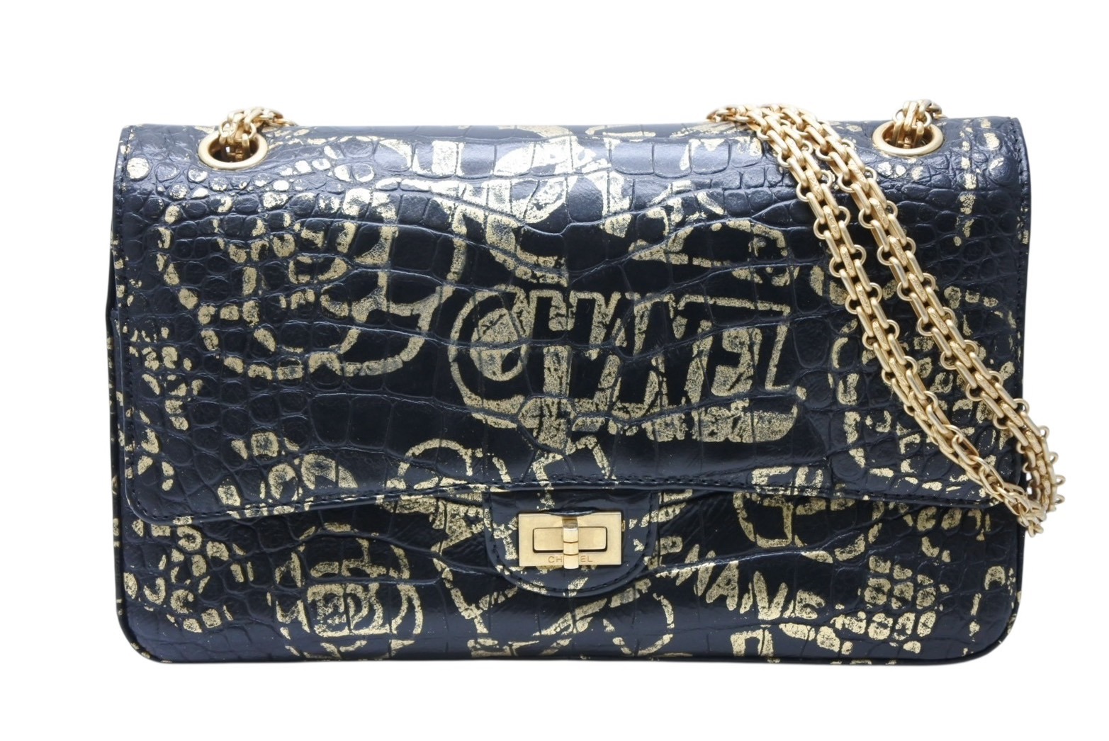 CHANEL シャネル 2.55 Wフラップ Wチェーンショルダーバッグ 28番台 ココマーク 19FW グラフィティ クロコダイル型押し 良品 中古 4b011586