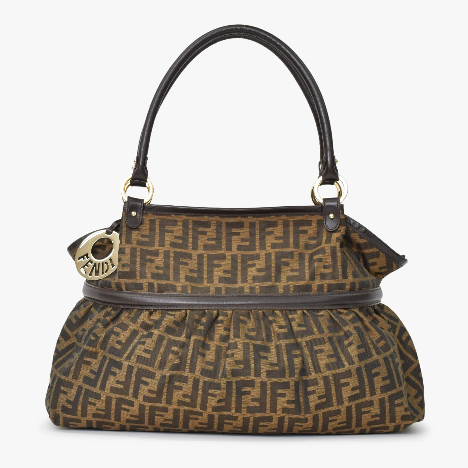 極美品 FENDI フェンディ ハンドバッグ 8BH186 ズッカ柄 総柄 キャンバス レザー ブラウン ゴールド金具 中古 4b011363|Warashibe_Casanova