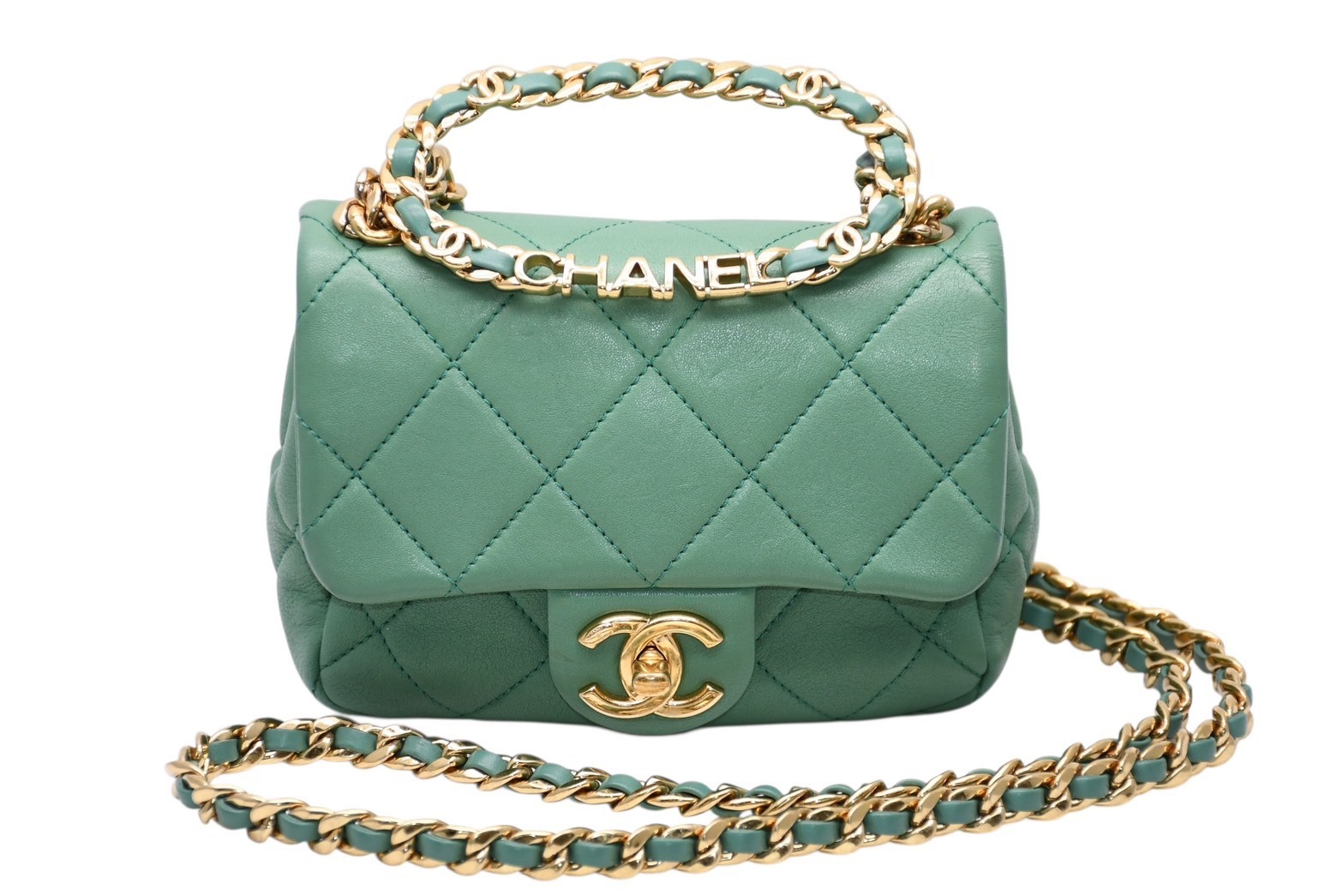 極美品 CHANEL シャネル ミニマトラッセ オーバル ロゴ チェイン ハンドルフラップバッグ ランダム番台 ラムスキン グリーン ゴールド金具 中古 4b011819｜Warashibe_Casanova 247,500円
