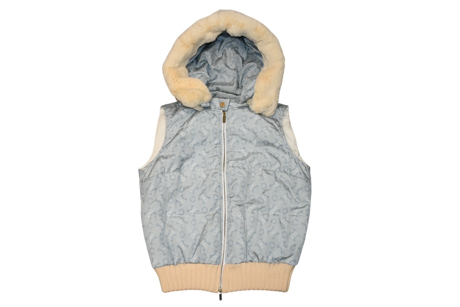CELINE Vintage セリーヌ ヴィンテージ 綿ベスト ファー カラーアイスブルー クリーム サイズ38 美品 中古 4b012328