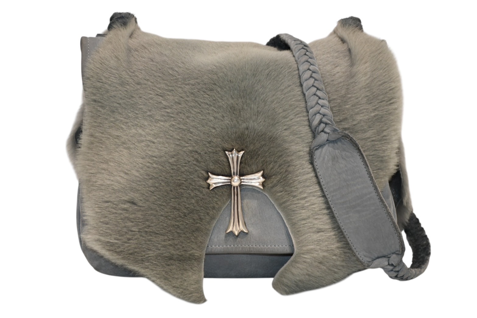 新品同様 CHROME HEARTS クロムハーツ ラージクロス クロスパッチ ファーショルダーバッグ ミンク レザー グレー シルバー金具 中古 4b012560