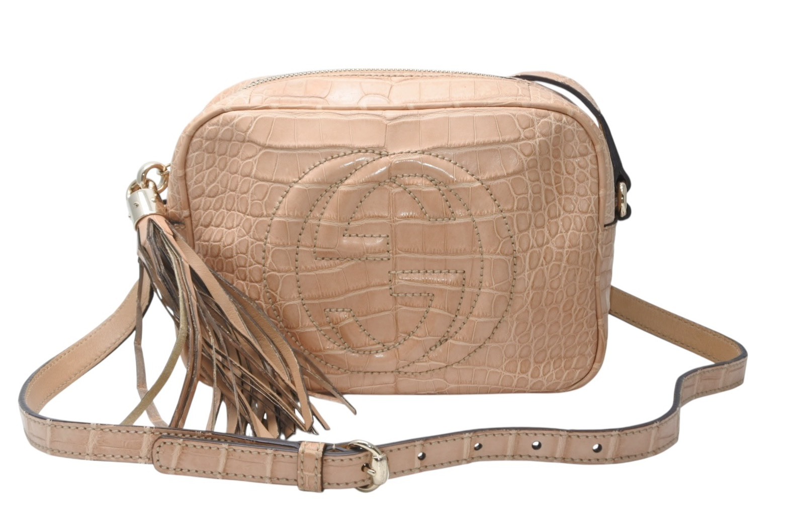 極美品 GUCCI グッチ ソーホー スモールディスコ ショルダーバッグ 308364 クロコダイル ベージュ タッセルフリンジ ゴールド金具 中古 4b011351