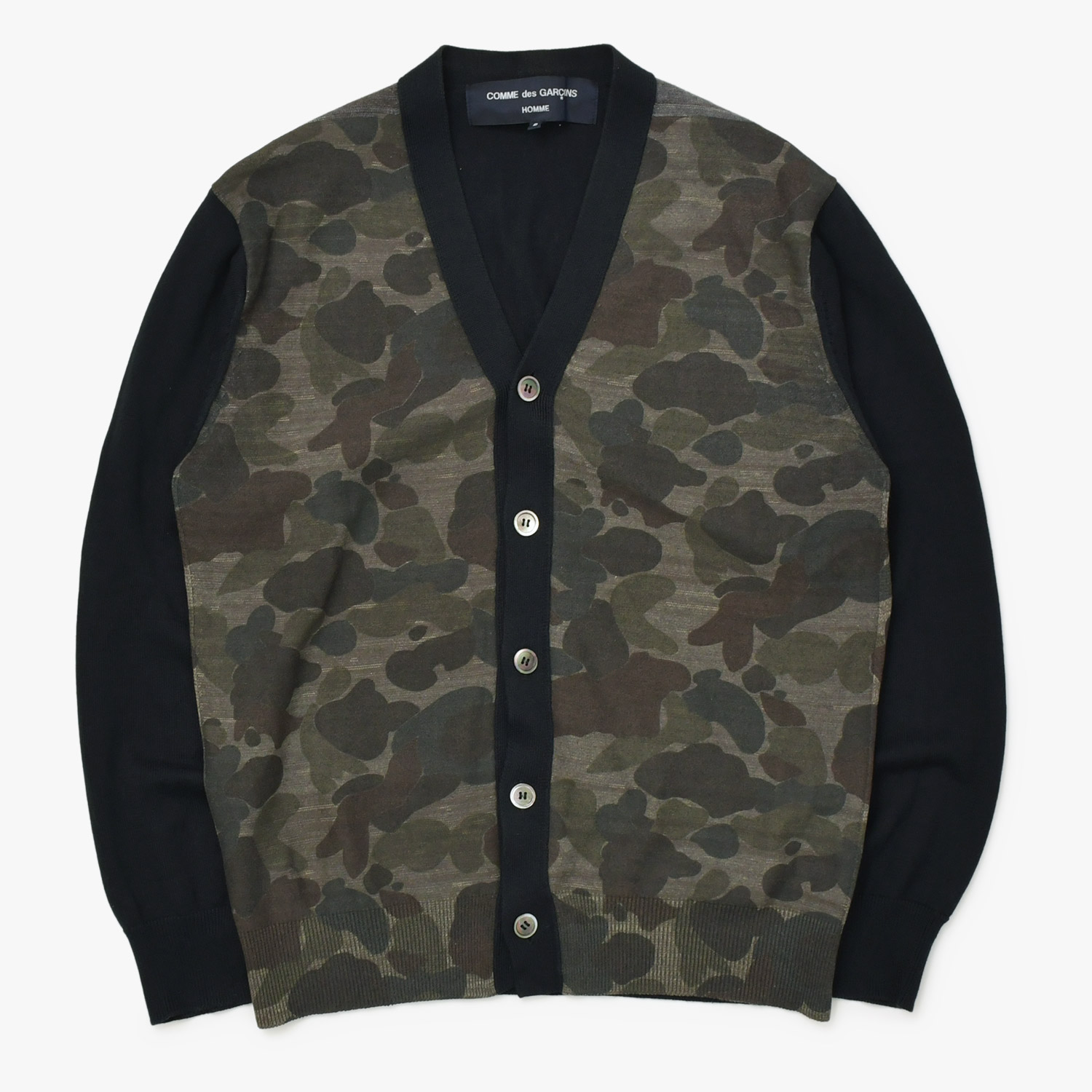 極美品 COMME des GARCONS HOMME コムデギャルソンオム カモ柄 カーディガン HT-N002 ブラック グリーン コットン サイズS 中古 4b012598