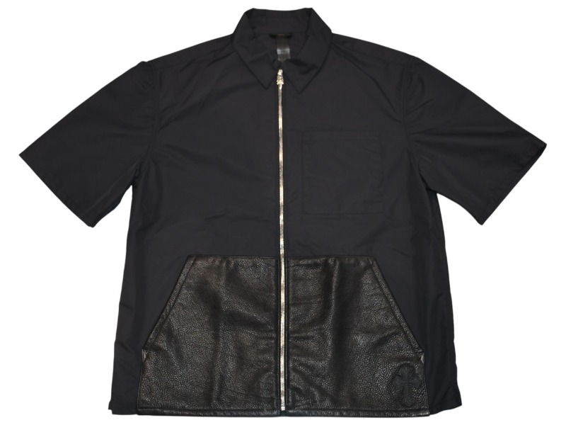 新品未使用 CHROME HEARTS クロムハーツ レザー ジップアップ シャツ サイズL クロスパッチ ポリエステル シルバー925 ブラック 中古 4b012992